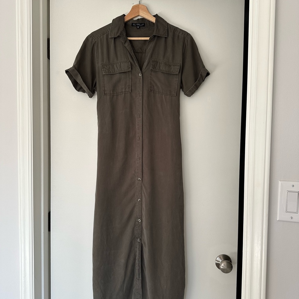 Olive Green Maxi Shirt Dress with Side Slits